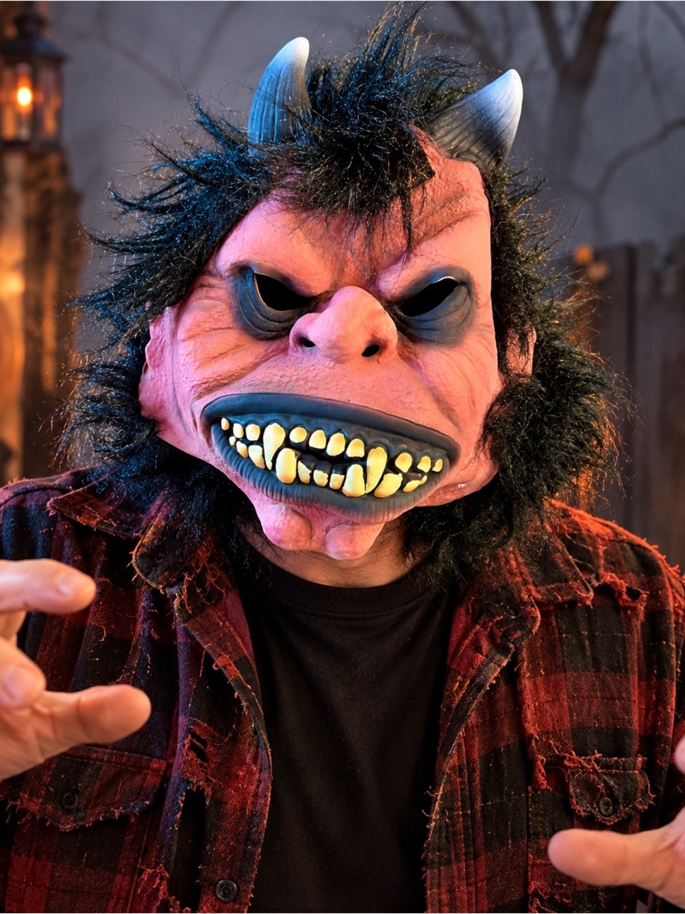 Vintage 1999 Paper Magic Group Devil Demon Latex Mask Horns Black Hair Halloween